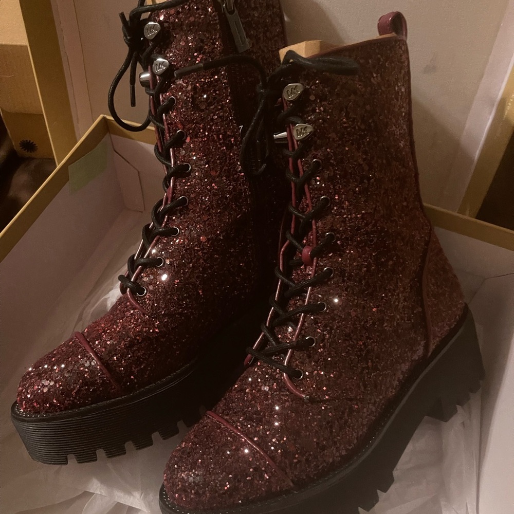 Michael Kors (Bryce Bootie) Dark Berry Gently Worn Glitter Combat Boots
